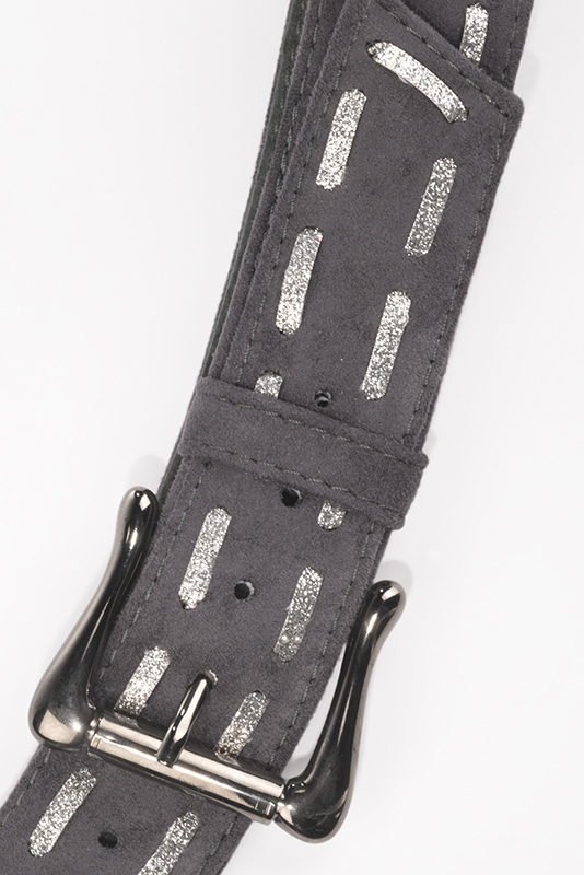 Dark grey and light silver women's dress belt, matching pumps and bags. Made to measure. Top view - Florence KOOIJMAN